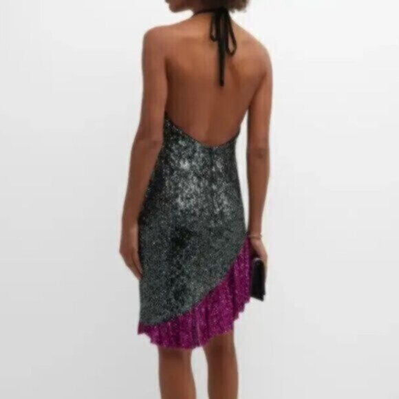 NWT One33 Social Black & Purple Sequin Colorblock Backless Halter Dress - Picture 4 of 13